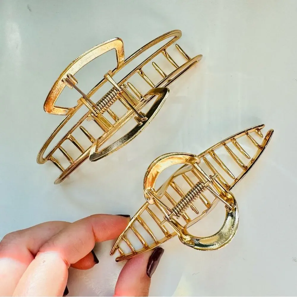 NEW ANTHROPOLOGIE Jumbo XL Crescent Moon Open Gold Metal Hair Claw Clip Set 2